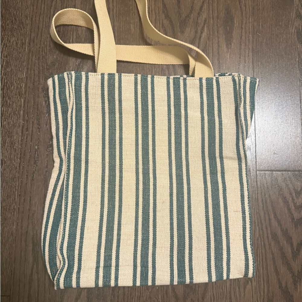 Zara Cream and Green Striped Tote Bag